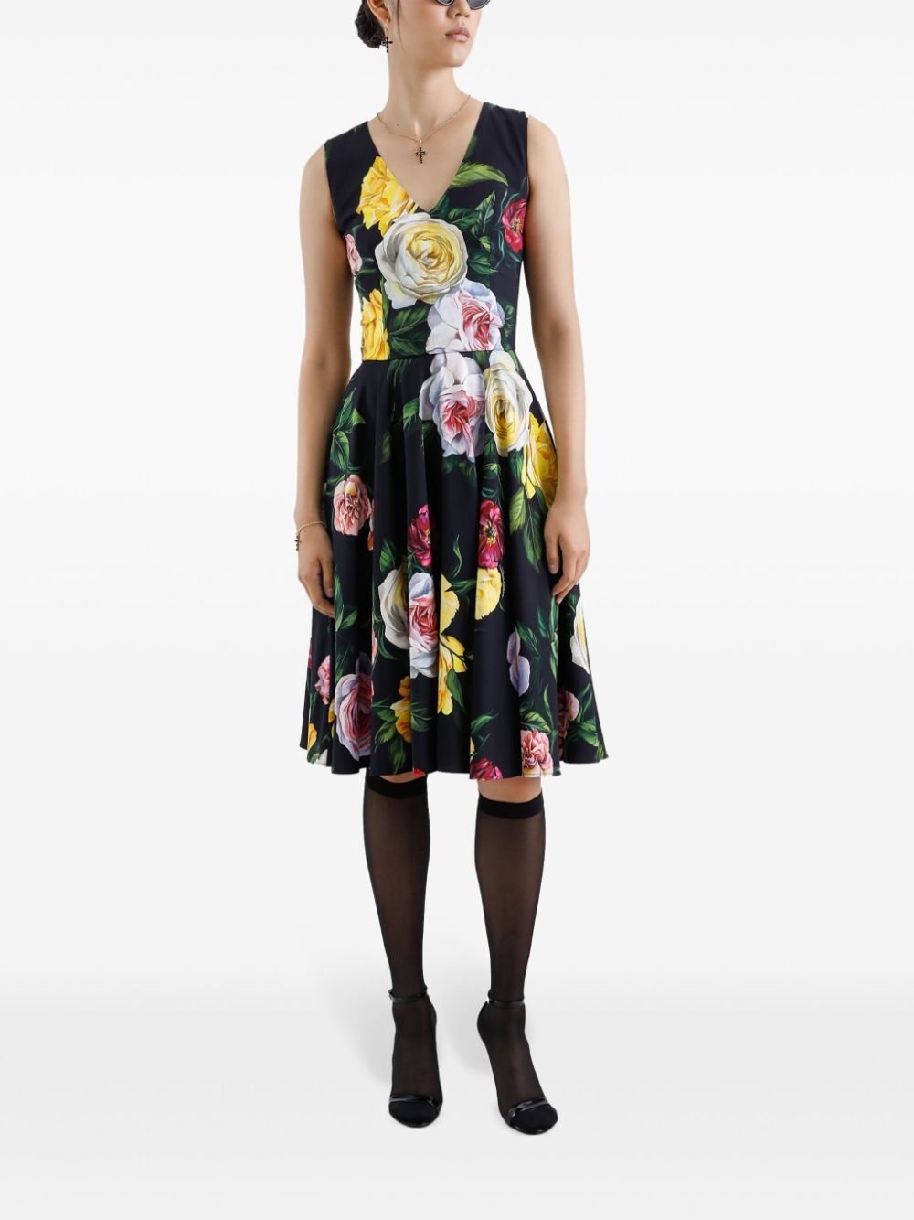 Dolce & Gabbana Peony And Rose-print Cady Midi Dress With Circle Skirt