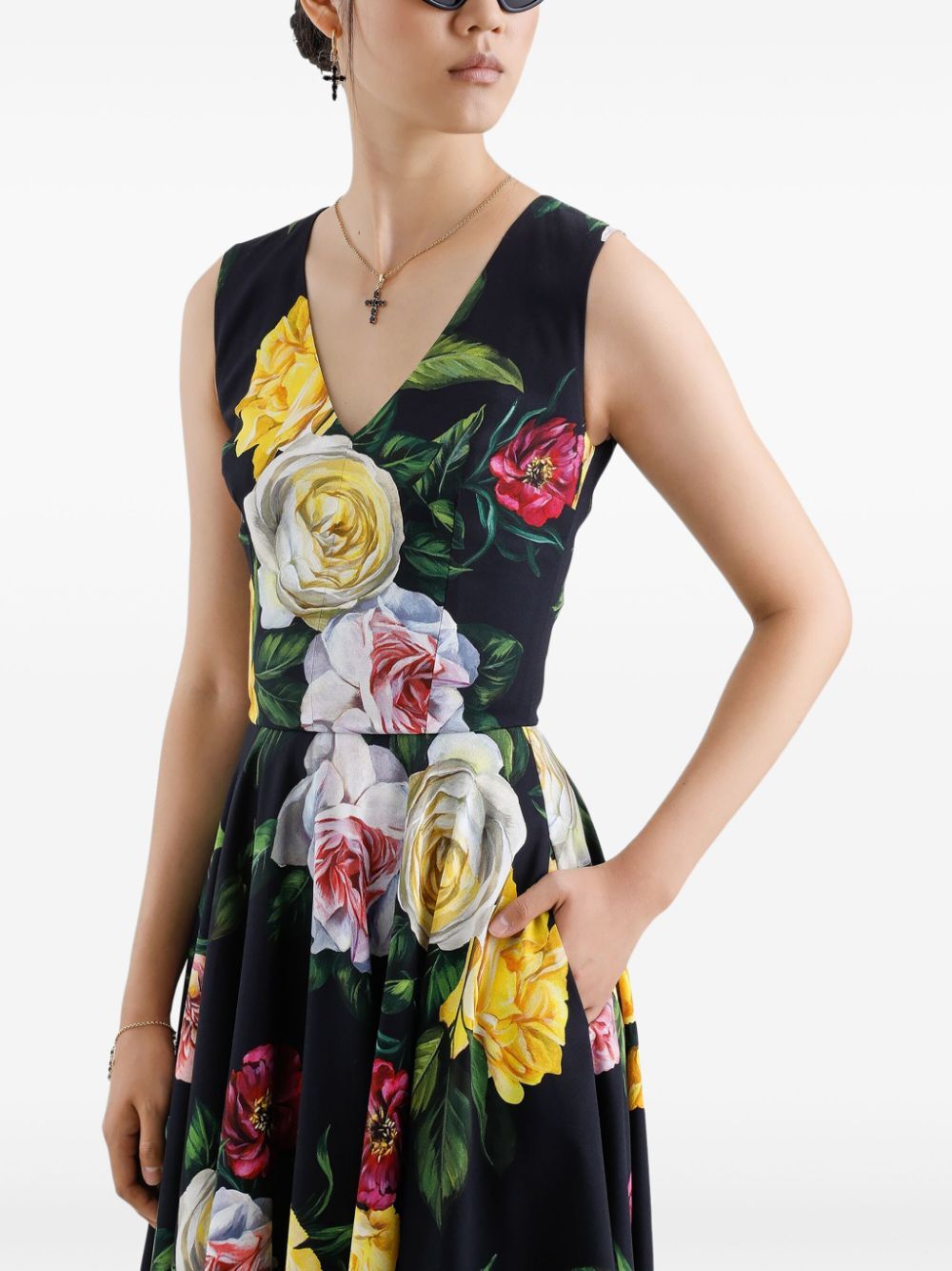 Dolce & Gabbana Peony And Rose-print Cady Midi Dress With Circle Skirt
