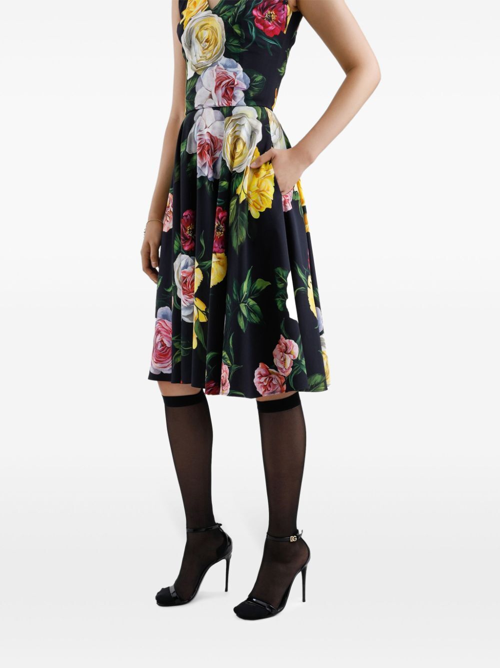 Dolce & Gabbana Peony And Rose-print Cady Midi Dress With Circle Skirt