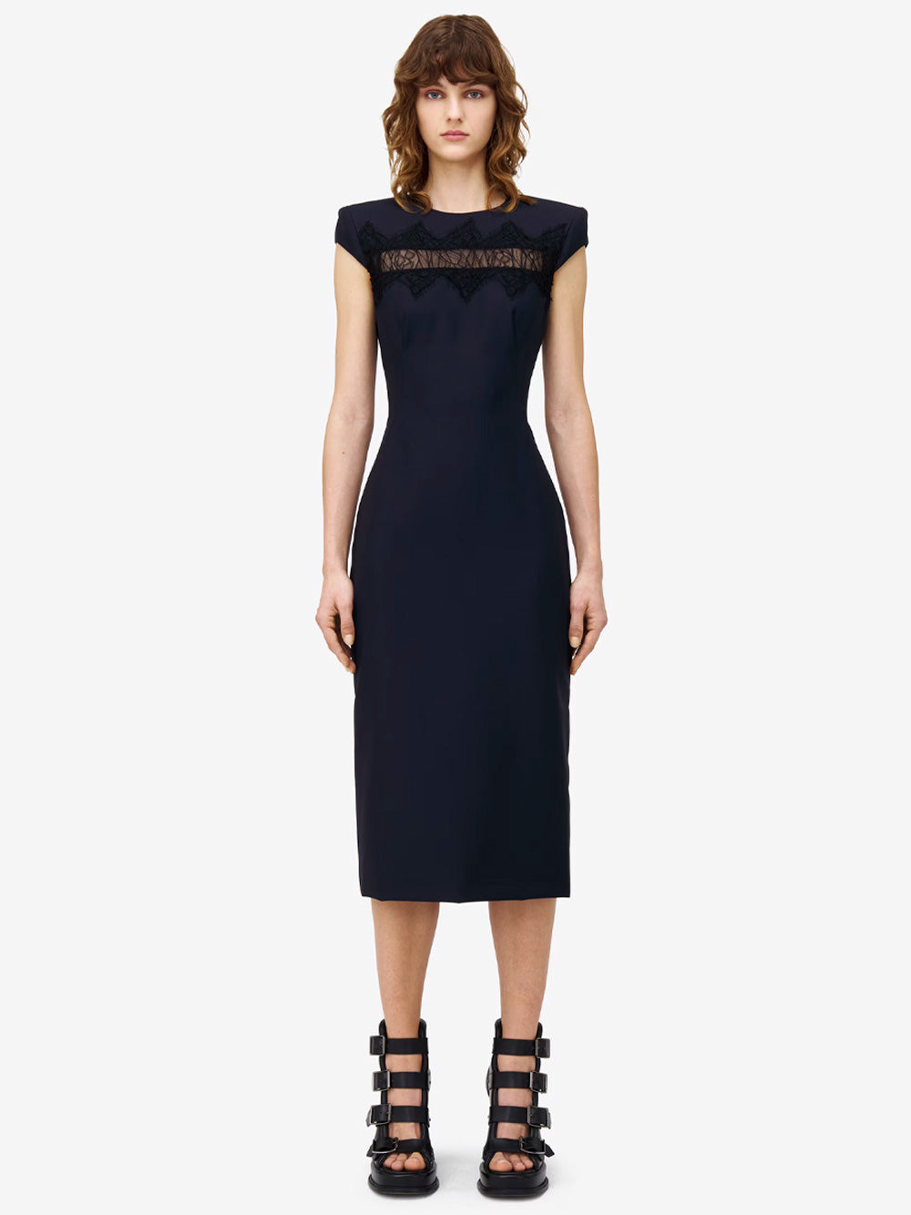 Alexander Mcqueen Wool Tailored Pencil Dress With Lace Details
