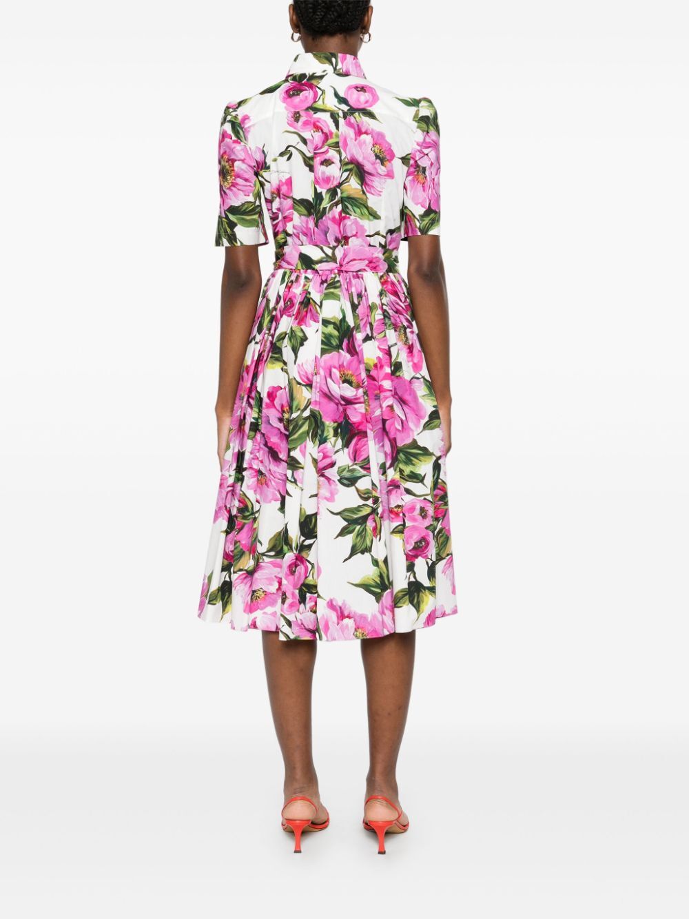 Dolce & Gabbana Peony Print Short Sleeved Cotton Midi Dress