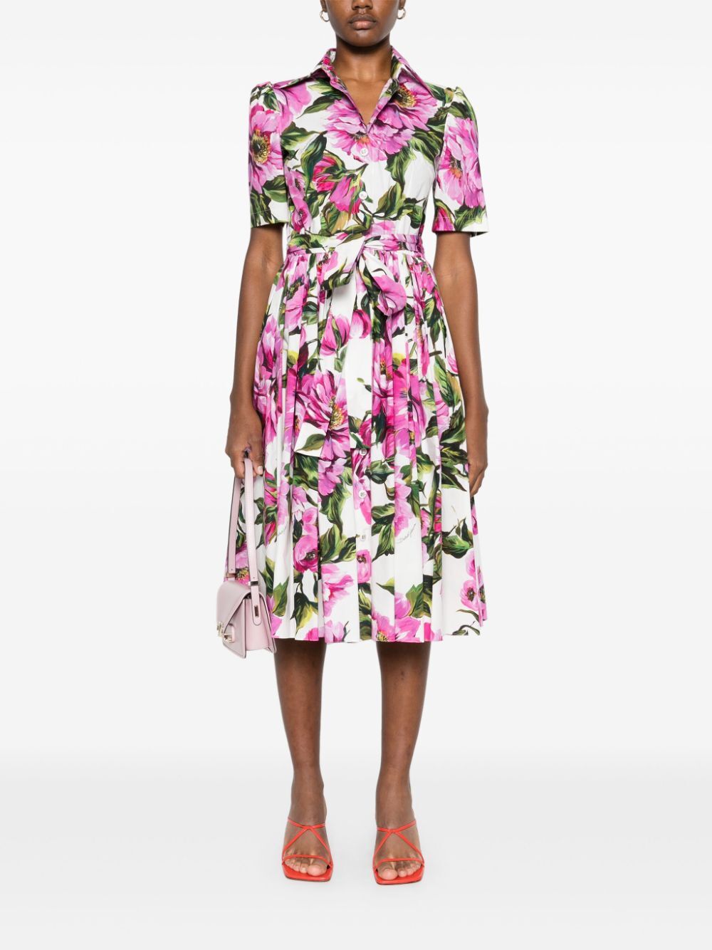 Dolce & Gabbana Peony Print Short Sleeved Cotton Midi Dress