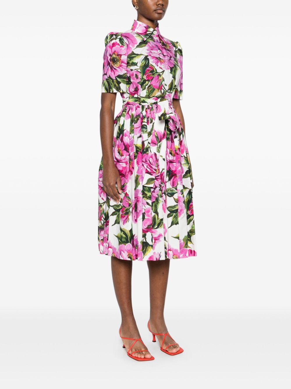 Dolce & Gabbana Peony Print Short Sleeved Cotton Midi Dress