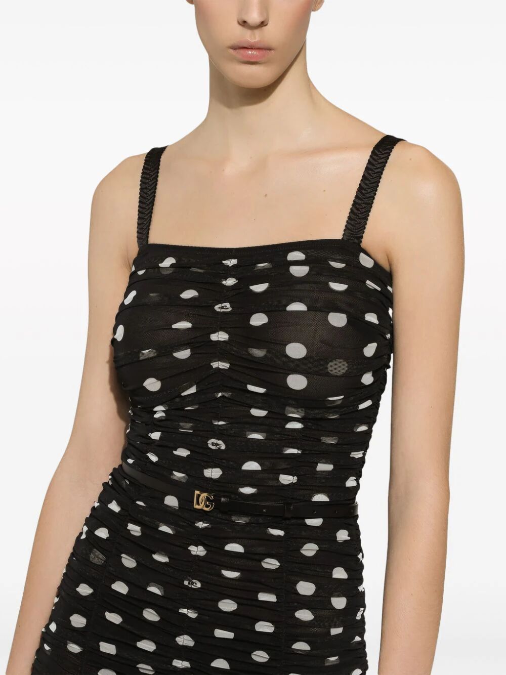 Dolce & Gabbana Draped Sheath Dress In Polka Dot Print Tulle