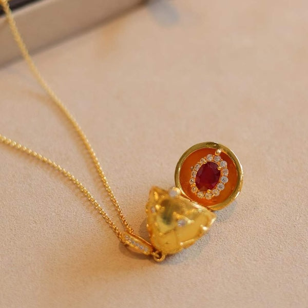 Real Ruby Royal Gold Egg Locket Pendant Necklace