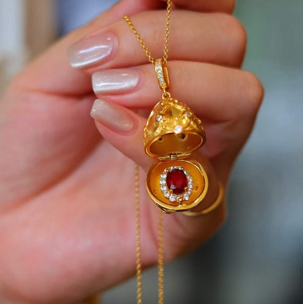 Real Ruby Royal Gold Egg Locket Pendant Necklace