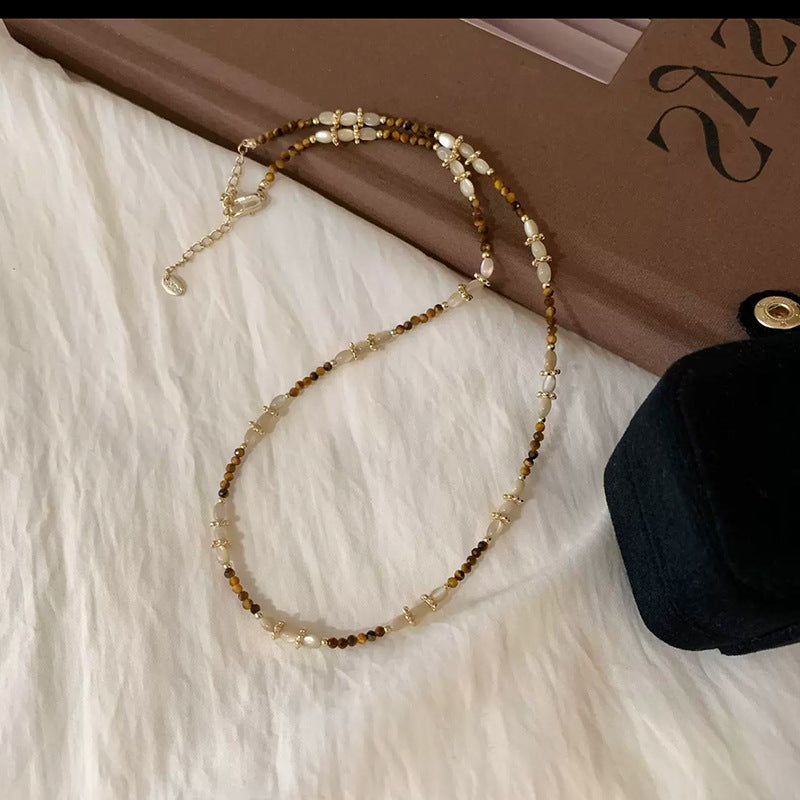 Maillard Style Tiger Eye Beaded Compasses Pendant Stacked Necklace Women's Light Luxury Vintage Versatile Necklace Chain