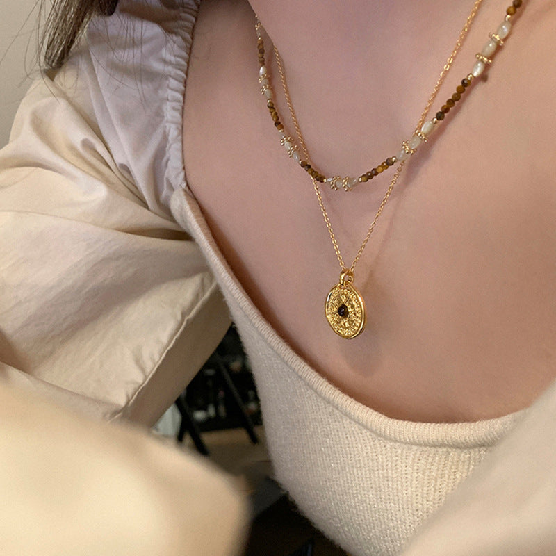 Maillard Style Tiger Eye Beaded Compasses Pendant Stacked Necklace Women's Light Luxury Vintage Versatile Necklace Chain