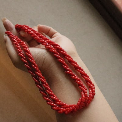 Stylish Red Coral Braided Beads Necklace