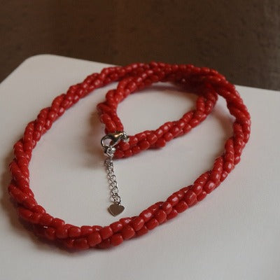 Stylish Red Coral Braided Beads Necklace