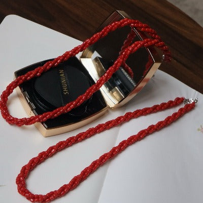 Stylish Red Coral Braided Beads Necklace