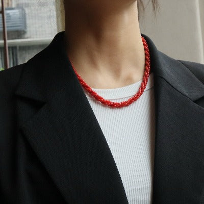 Stylish Red Coral Braided Beads Necklace